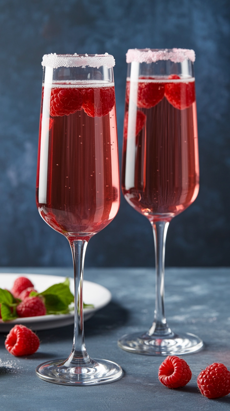 Two pink sparkling cocktails with sugar rims and raspberries.