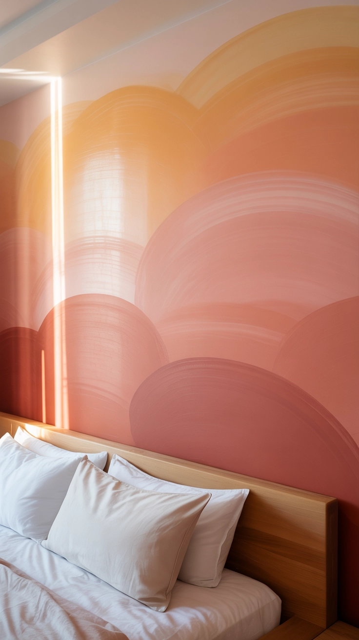 A bedroom wall featuring a beautiful sunset-inspired pink and peach gradient.
