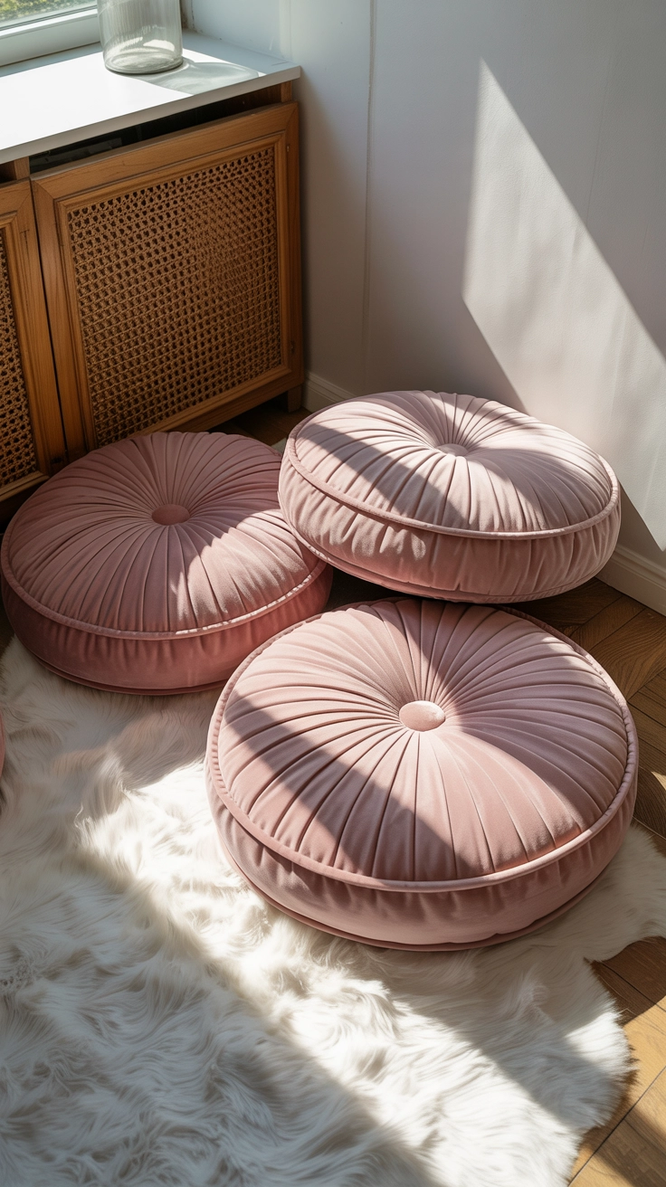 A cozy seating area with pink floor pillows on a fluffy white rug.