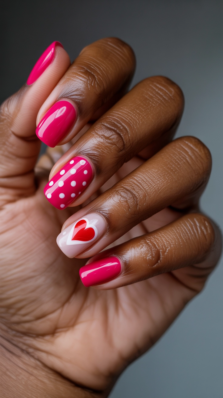 Bright pink nails with white polka dots and a red heart.