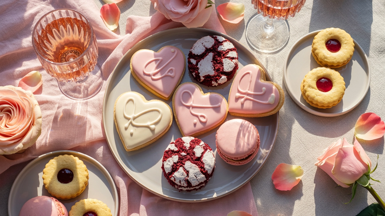 10 Pretty Valentine Cookies Decorated for Your Party 1 A beautiful assortment of Valentine's Day cookies including hearts and red velvet crinkles on a party table.
