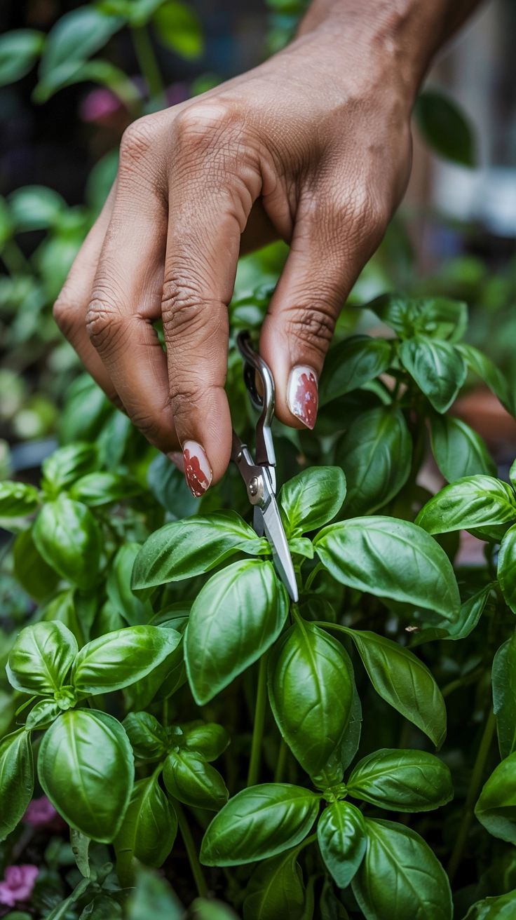 Close up of a woman pruning a healthy green basil plant indoors.