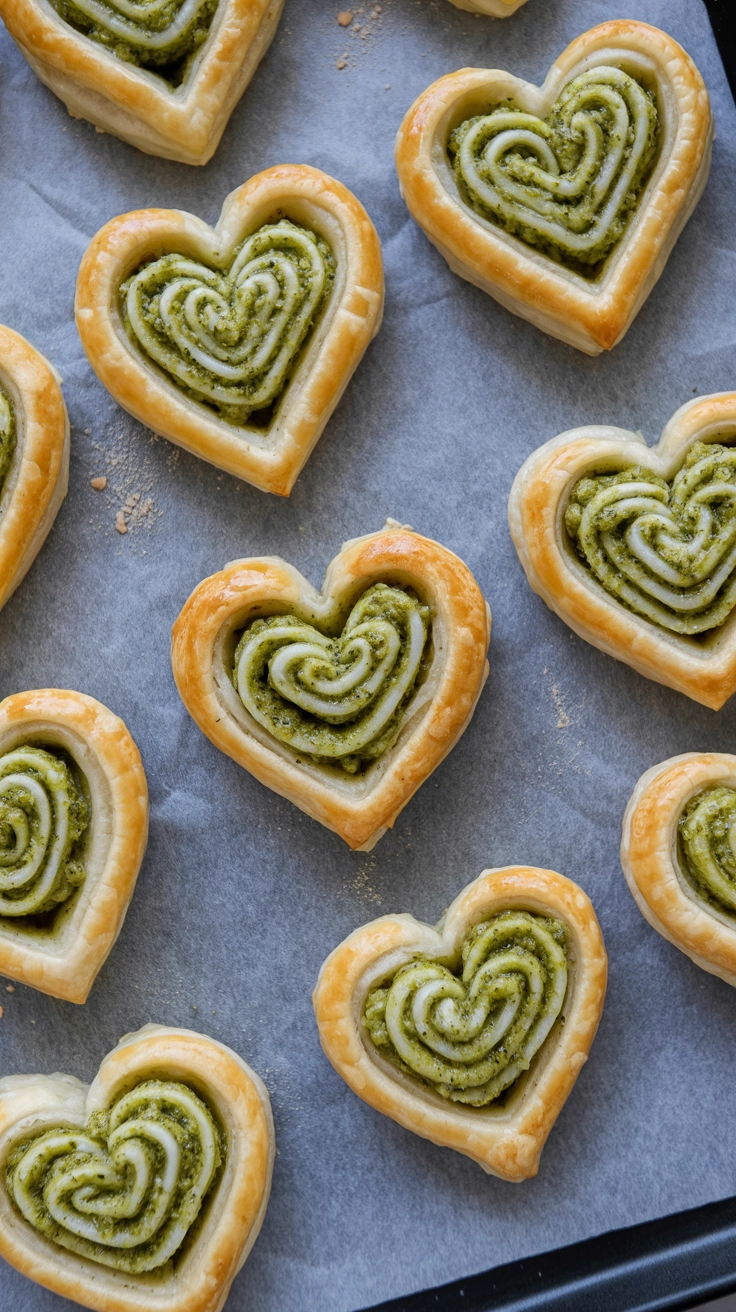 Heart shaped savory pastries with green pesto filling.