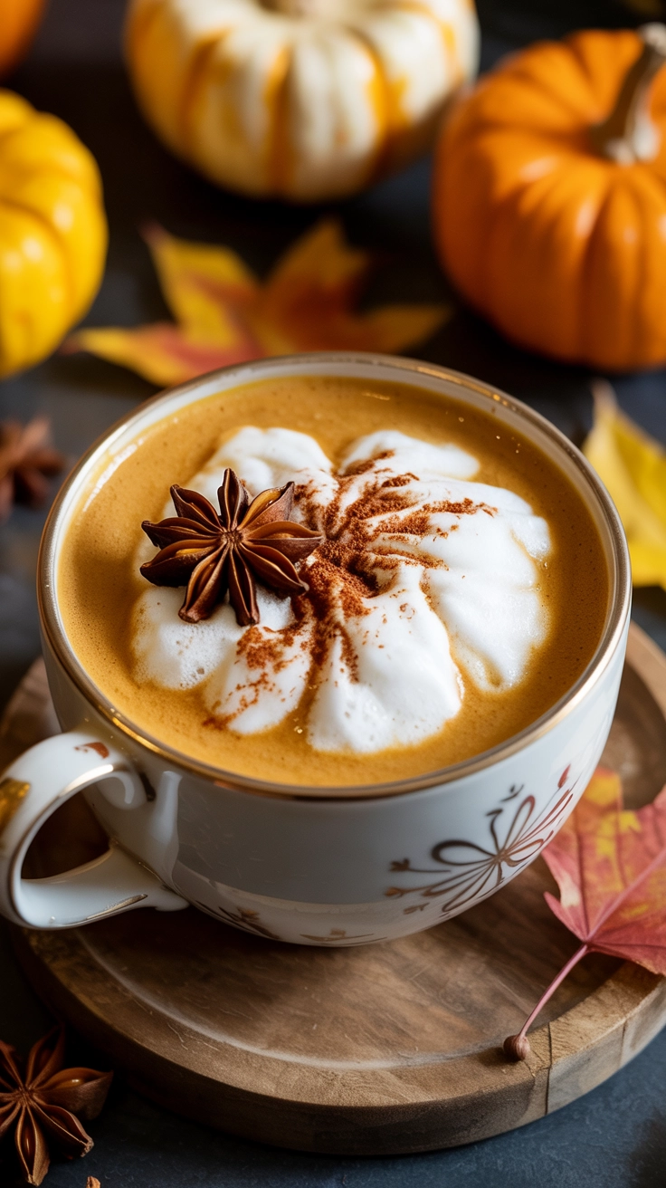 A pumpkin spice chai latte decorated with star anise, surrounded by autumn decor.