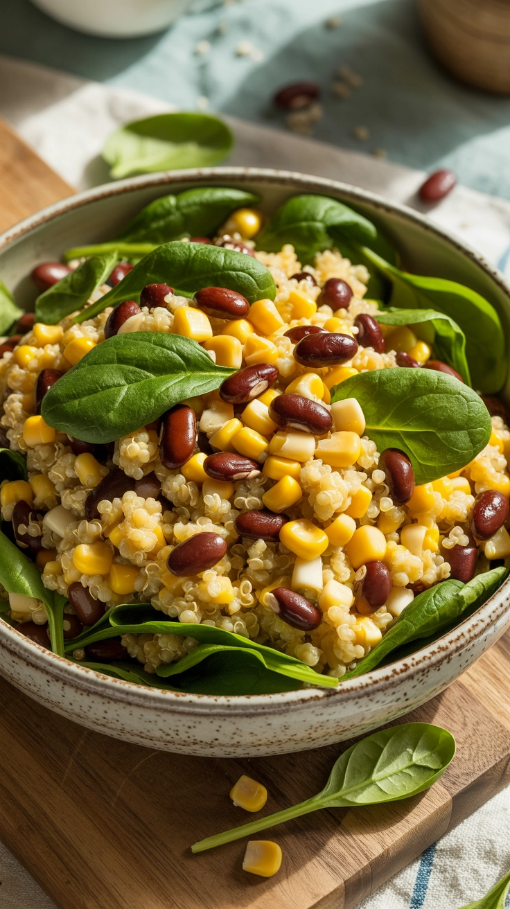 10 High-Protein Winter Salad Ideas for Energy 6 A vibrant bowl filled with white quinoa, black beans, corn, and fresh spinach leaves