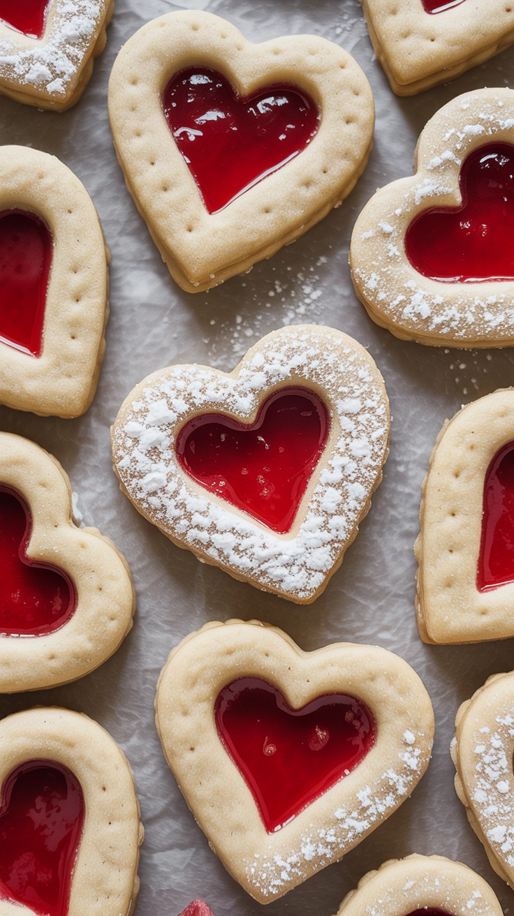 10 Pretty Valentine Cookies Decorated for Your Party 4 Elegant Linzer cookies with jam heart windows and powdered sugar.