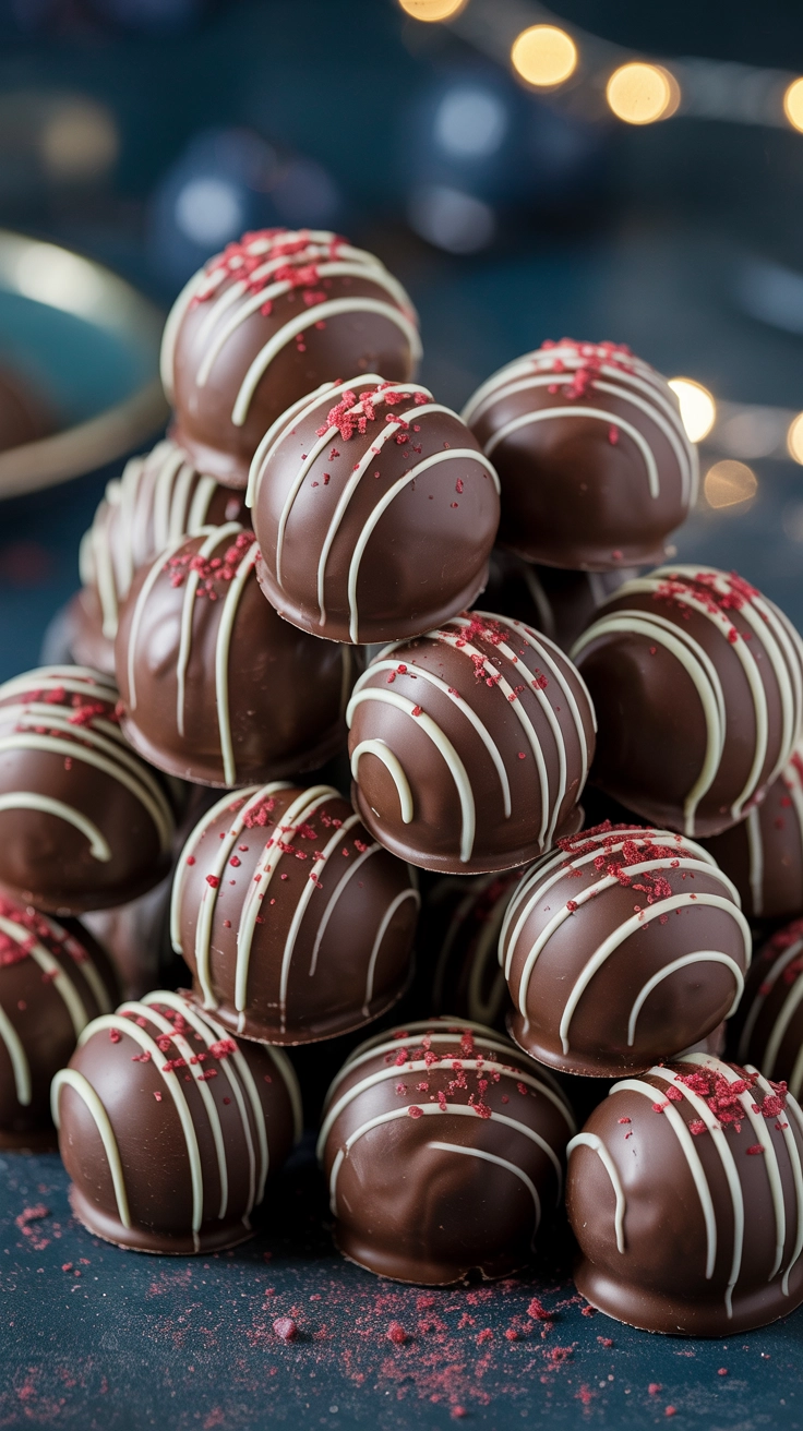 Chocolate coated red velvet cake balls on a white plate.