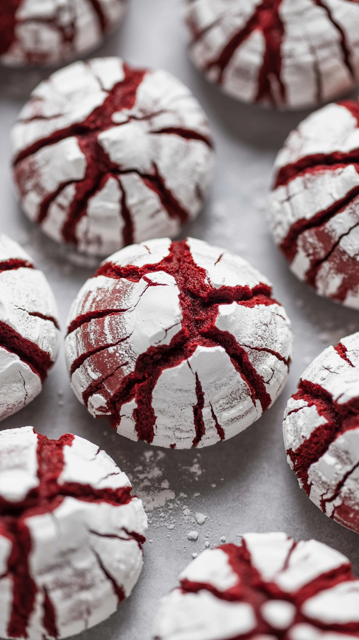 10 Pretty Valentine Cookies Decorated for Your Party 3 Close up of red velvet cookies with white powdered sugar crinkle texture.