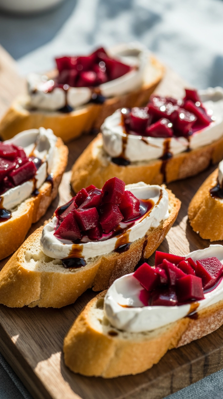 Gourmet crostini with red beets and goat cheese on a wooden platter.