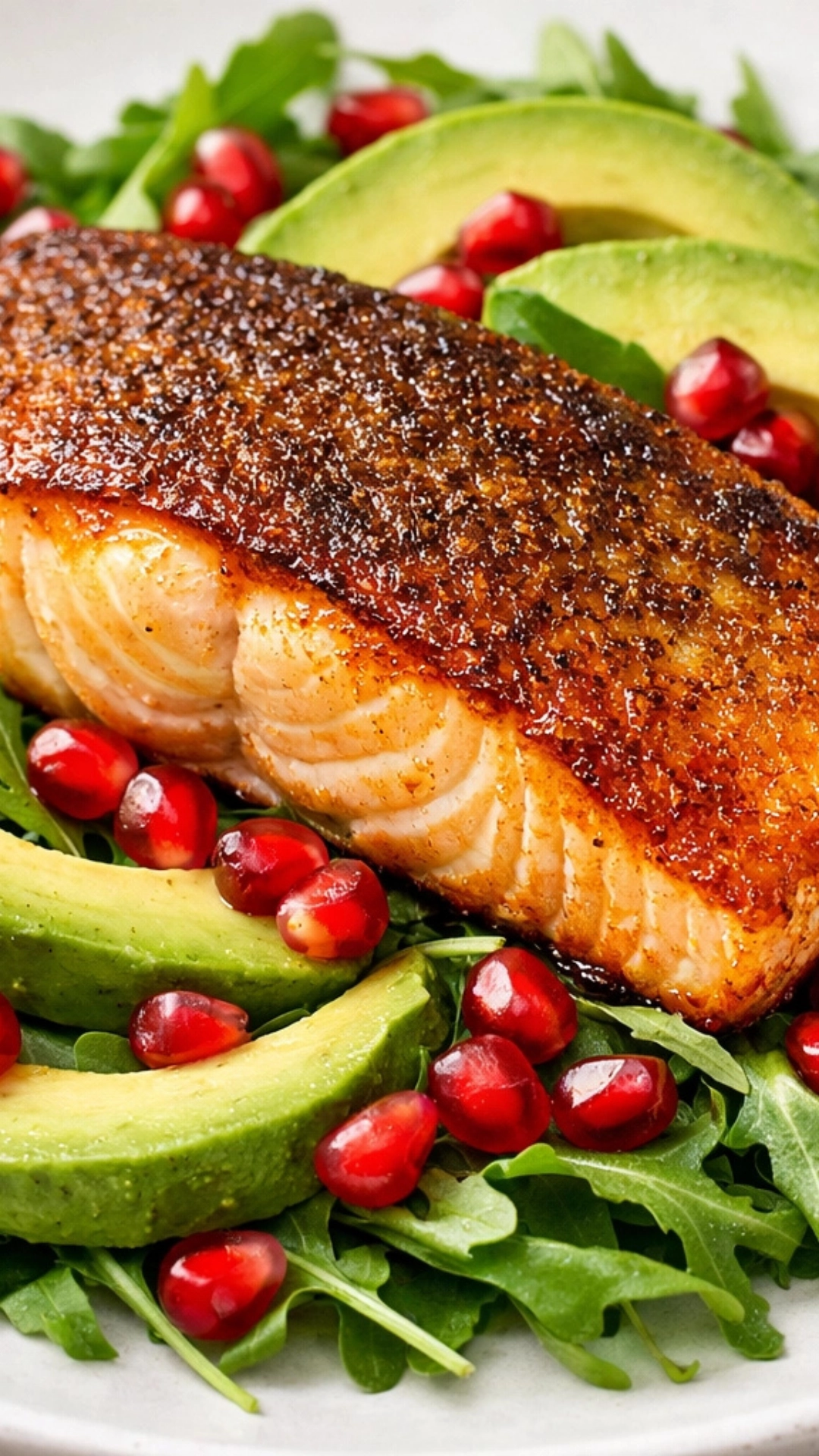 10 High-Protein Winter Salad Ideas for Energy 2 Crispy-skinned salmon fillet on arugula with pomegranate seeds and avocado slices.