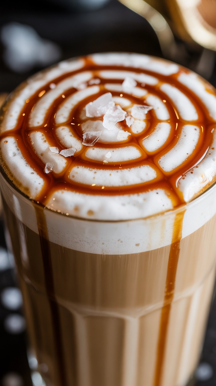 Close-up of a chai latte topped with a golden caramel drizzle and sea salt flakes.