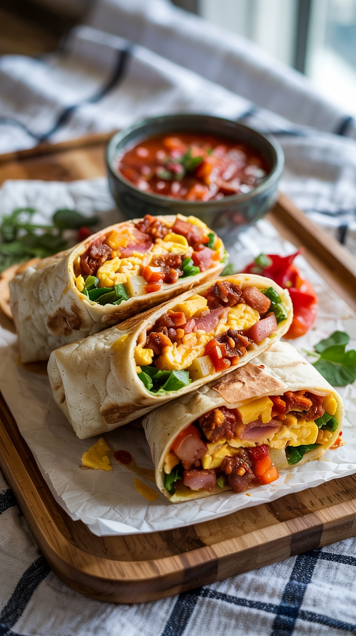 A plate of savory breakfast burritos with a side of salsa
