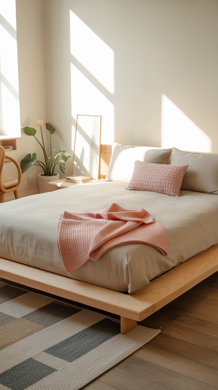 A clean Scandinavian style bedroom with light wood and a pink wool blanket.