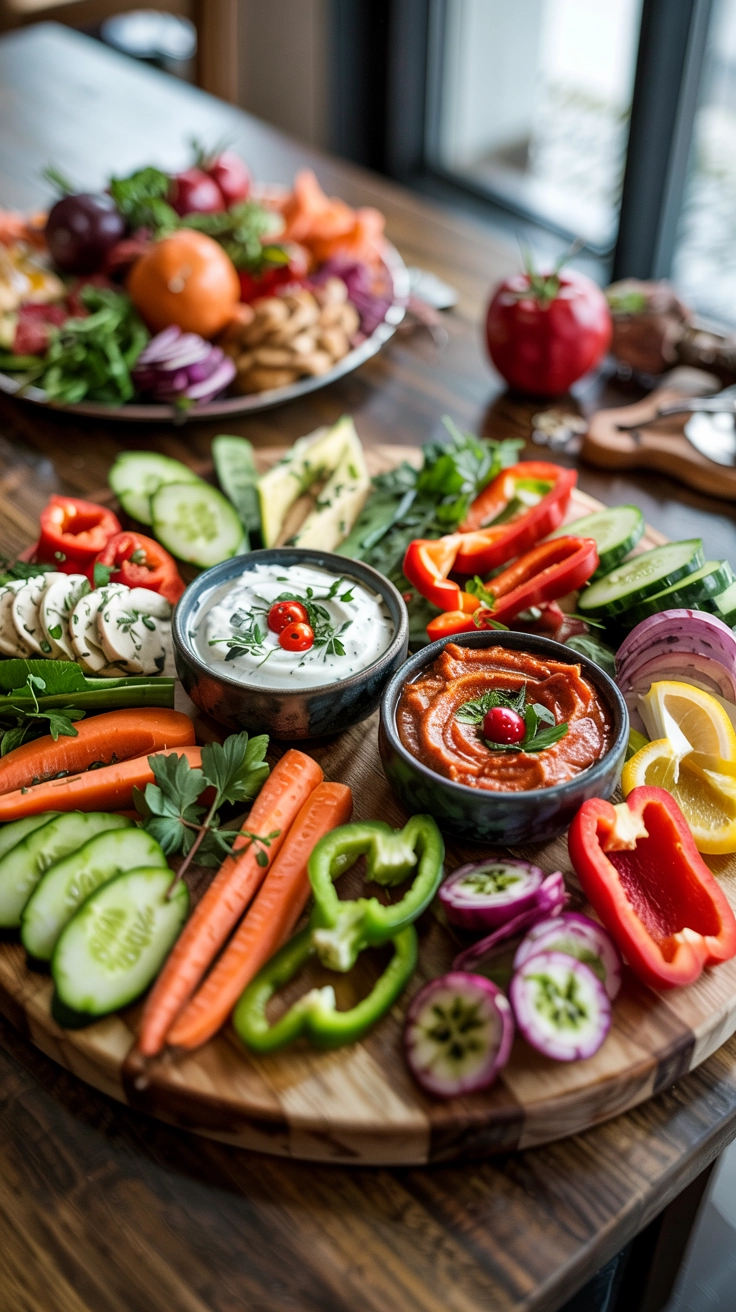 A beautifully arranged seasonal vegetable platter with various fresh vegetables and dips.