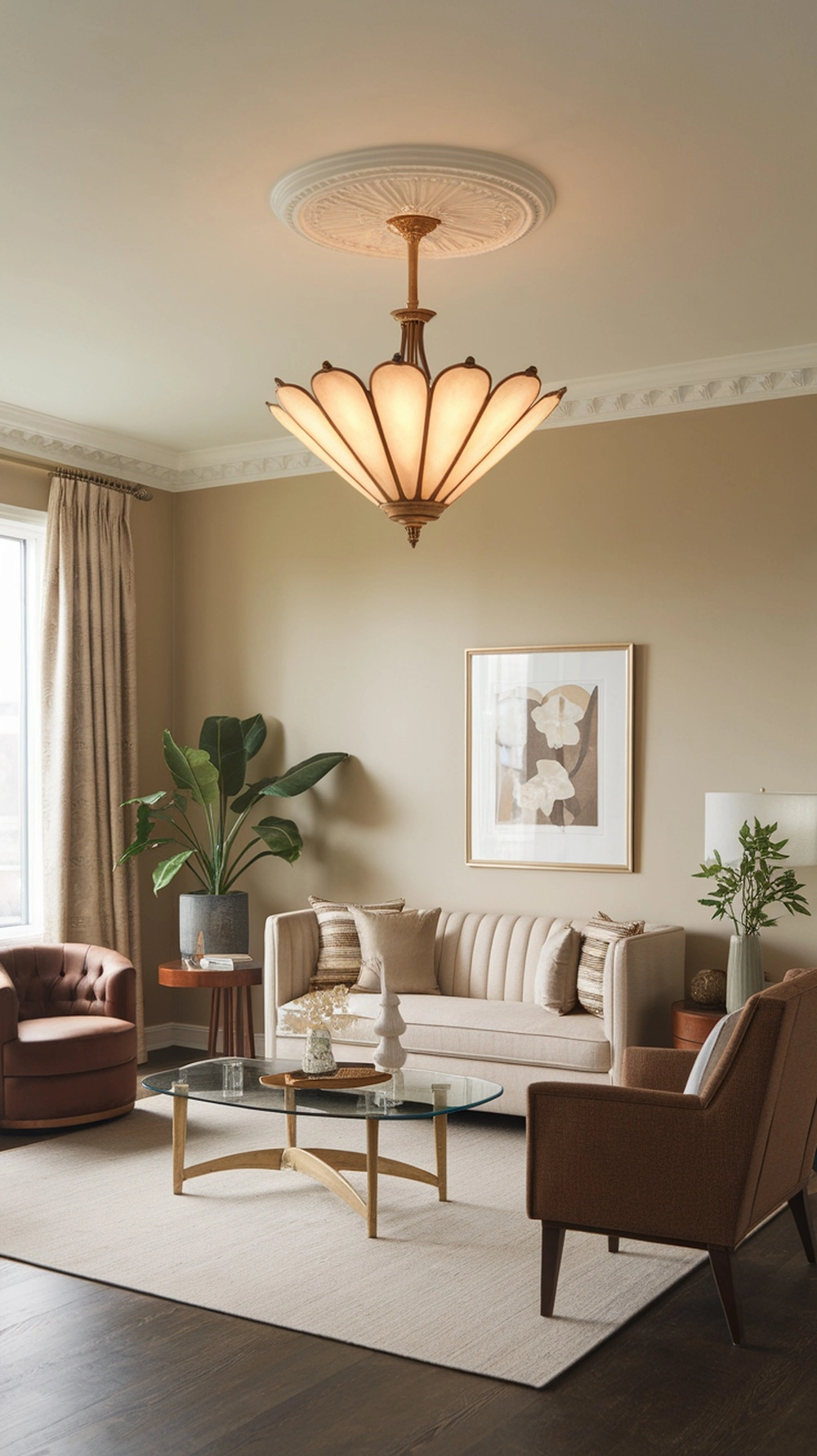 Stylish modern art deco living room with statement lighting fixture
