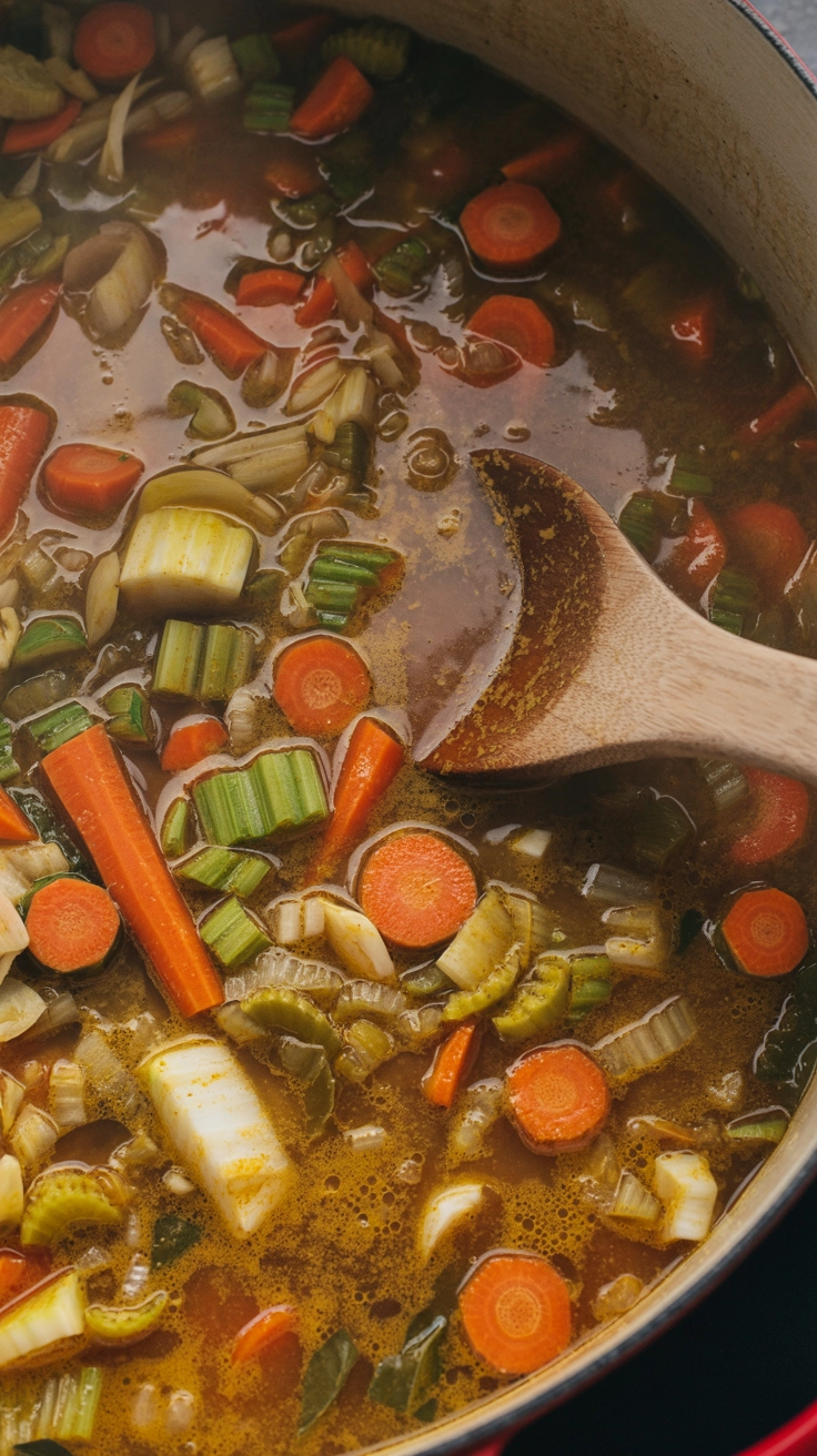 A close-up overhead view of cabbage and mixed vegetables simmering in a large Dutch oven