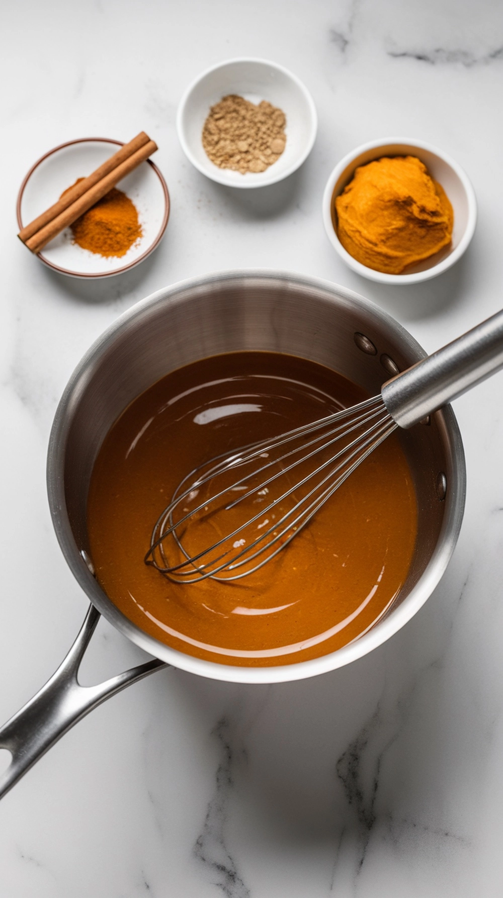 Close-up of a glossy orange pumpkin spice syrup being whisked in a saucepan surrounded by cinnamon and real pumpkin pur&eacute;e.