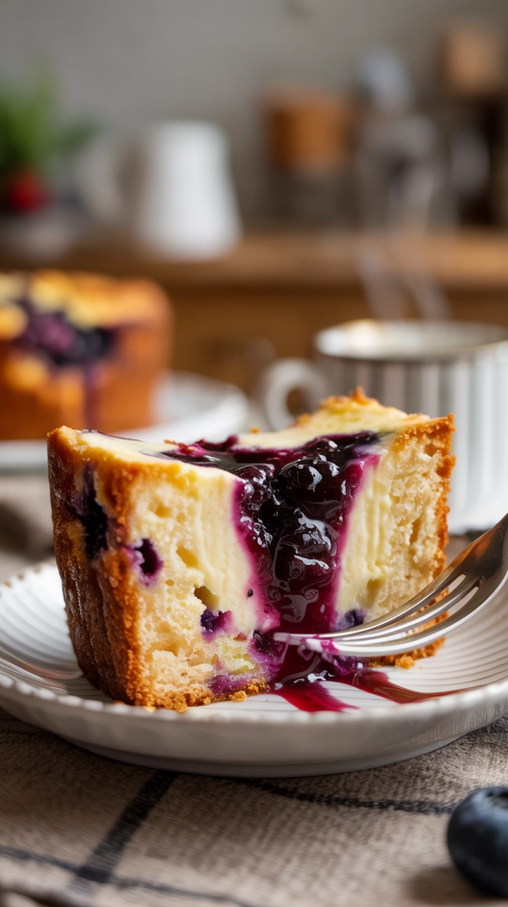 Easy Blueberry Cream Cheese Loaf Recipe 3 A close-up slice of blueberry cream cheese loaf on a plate showing the moist cake texture and a thick cheesecake ribbon.