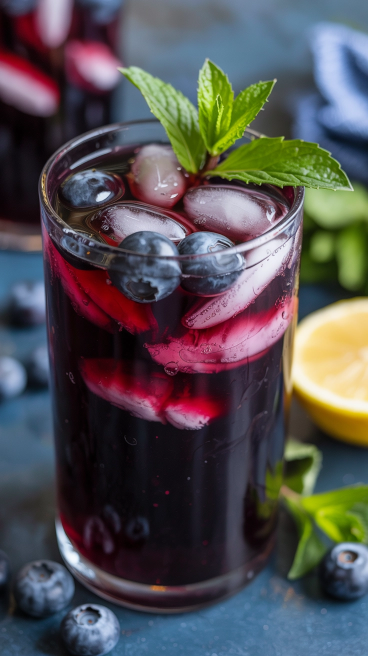 A deep blue natural blueberry lemonade with fresh mint and berries.