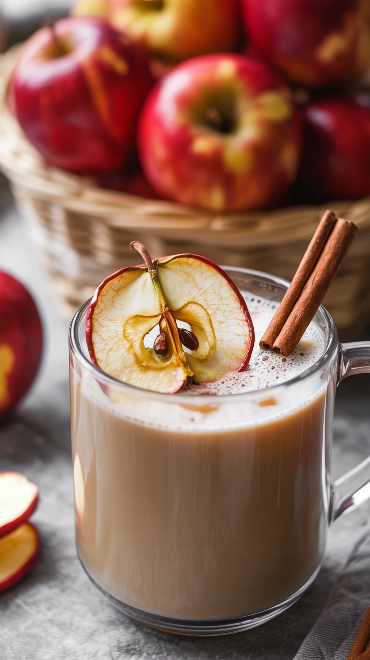 A clear mug of apple chai latte featuring a dried apple slice and a cinnamon stick.