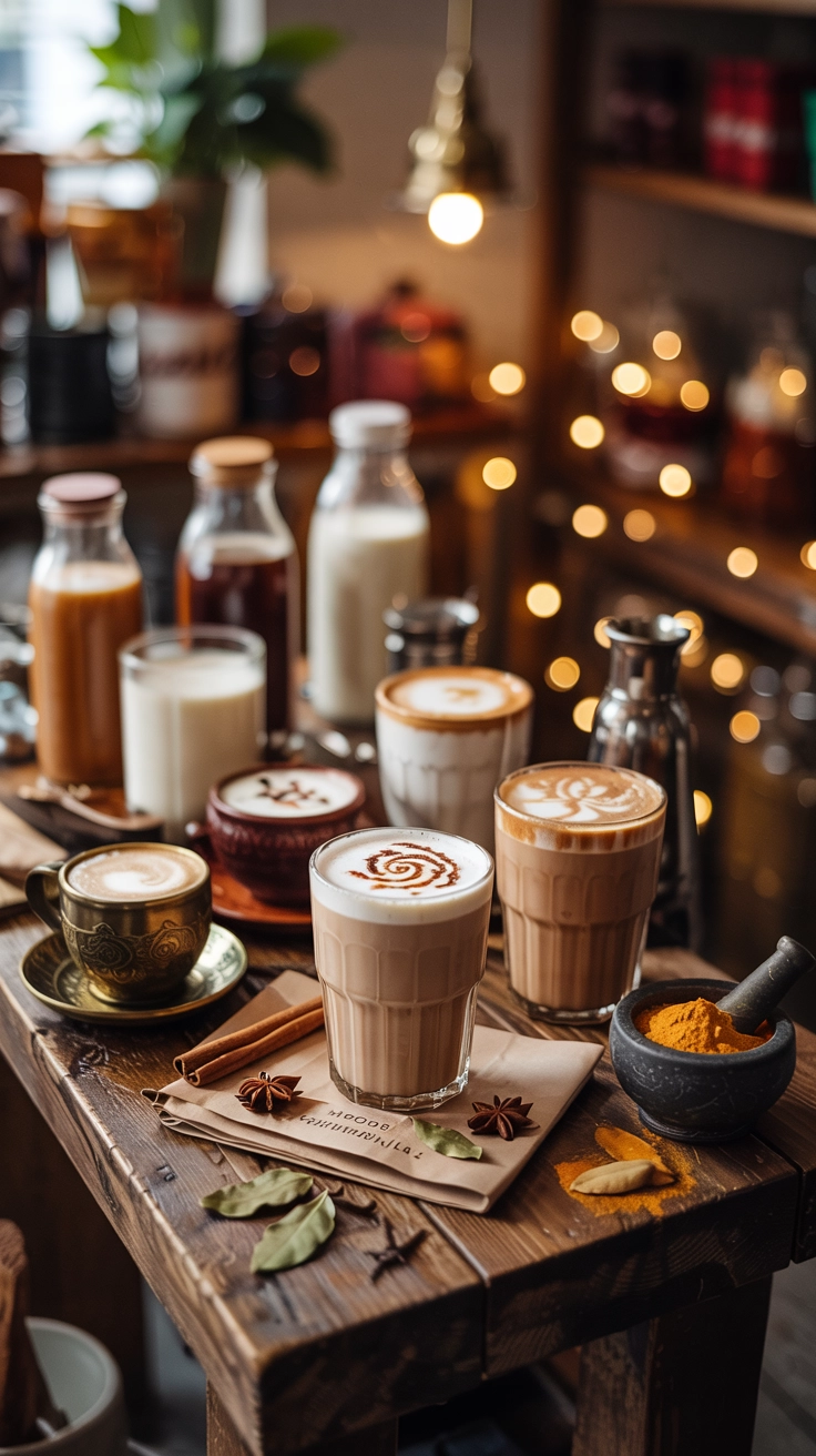 A beautifully arranged spiced chai latte bar with various ingredients and a sign.