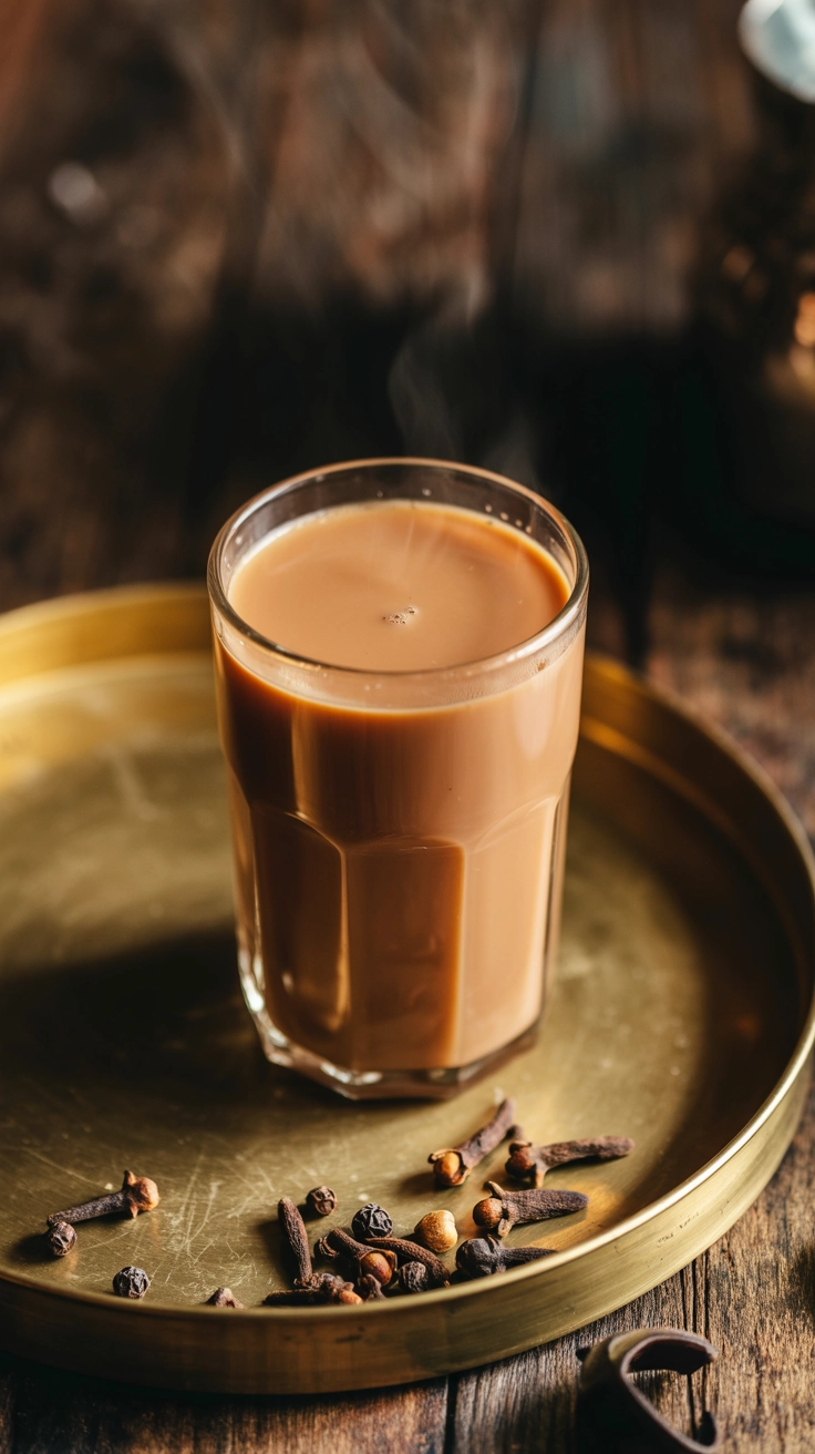 A traditional spicy chai latte in a small glass with whole peppercorns on a metal tray.