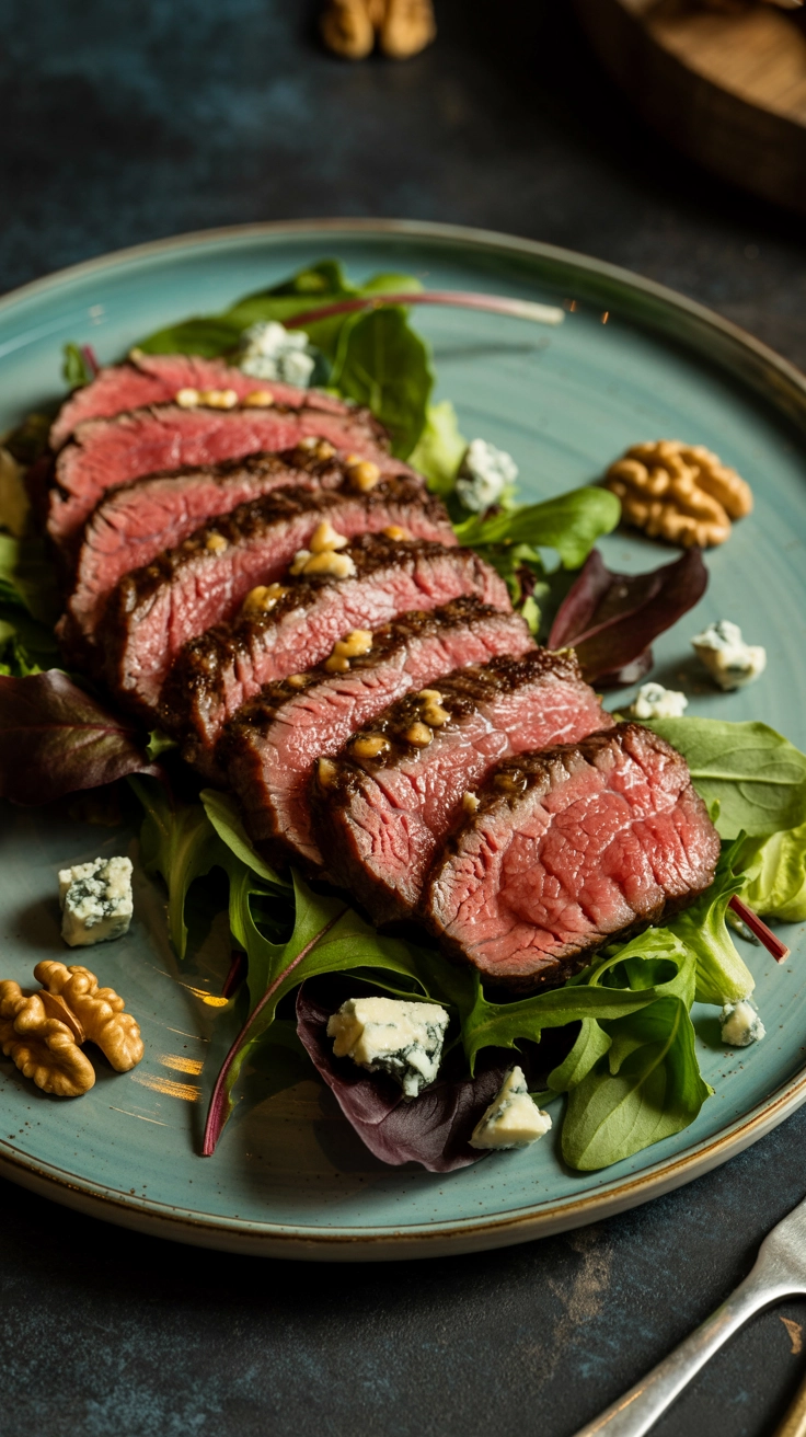10 High-Protein Winter Salad Ideas for Energy 5 Sliced medium-rare steak served over mixed greens with blue cheese crumbles and walnuts.