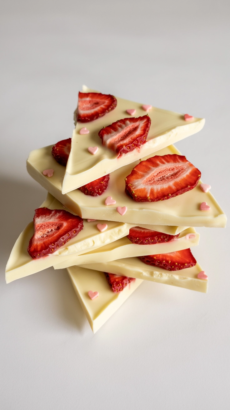 Broken pieces of white chocolate bark decorated with strawberries and sprinkles.