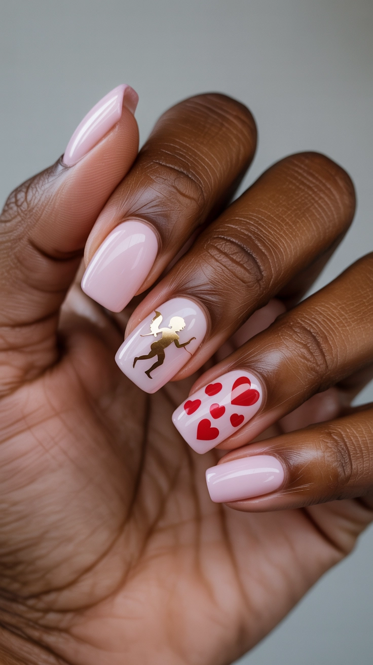 Square pink nails featuring a gold cupid and red hearts.