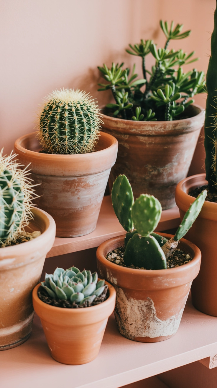 Earthy terracotta planters filled with cacti sitting on a soft pink wall shelf.