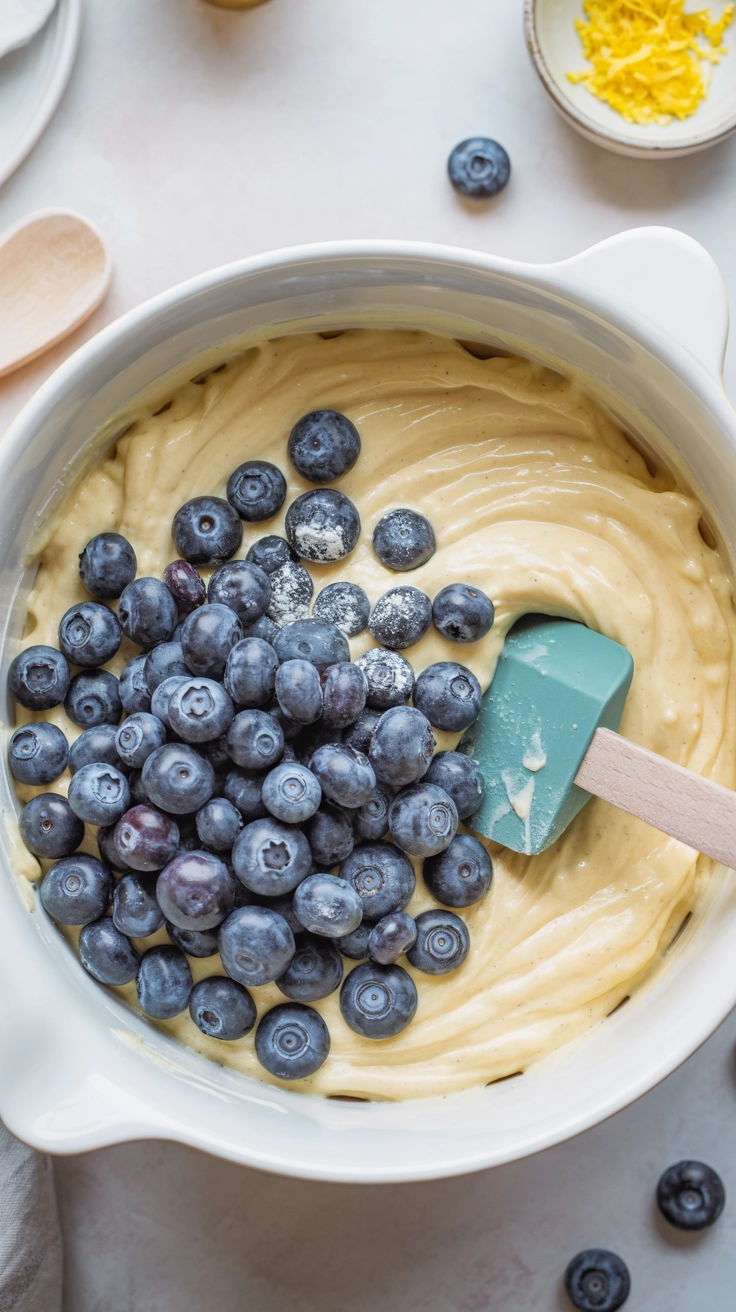 Easy Blueberry Cream Cheese Loaf Recipe 2 Overhead view of fresh blueberries being folded into thick cake batter with a teal spatula in a white ceramic bowl.