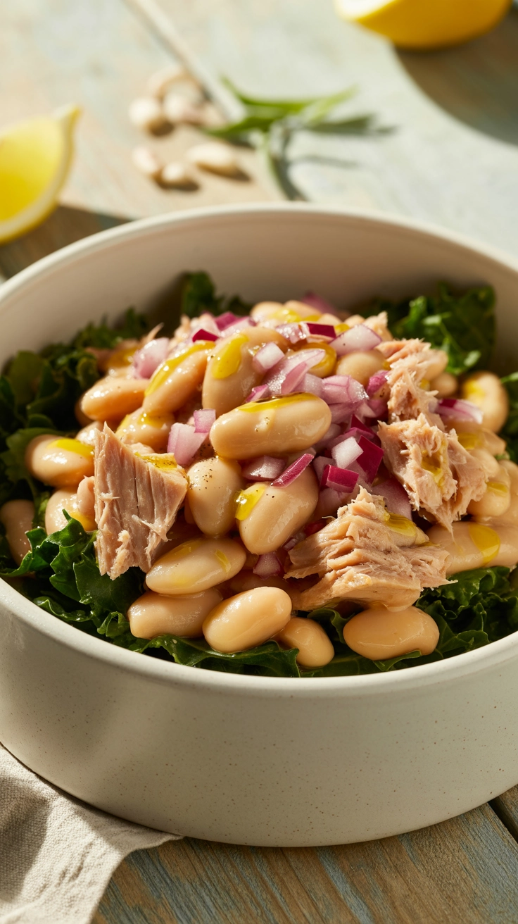 10 High-Protein Winter Salad Ideas for Energy 3 Flaked tuna and white cannellini beans with red onion over massaged kale.