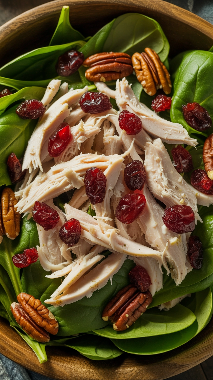 10 High-Protein Winter Salad Ideas for Energy 7 A spinach salad topped with shredded turkey, dried cranberries, and toasted pecans.