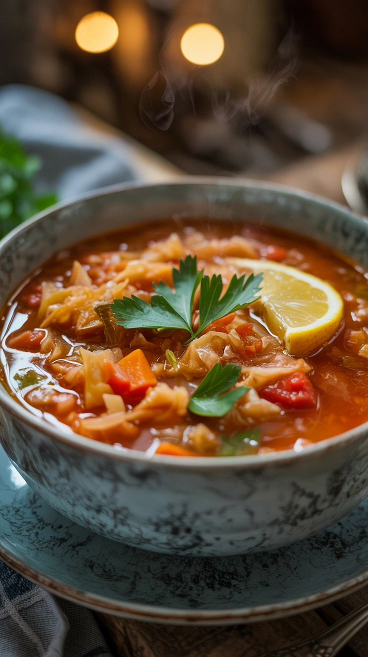 A delicious bowl of cabbage soup garnished with fresh parsley and a slice of lemon 