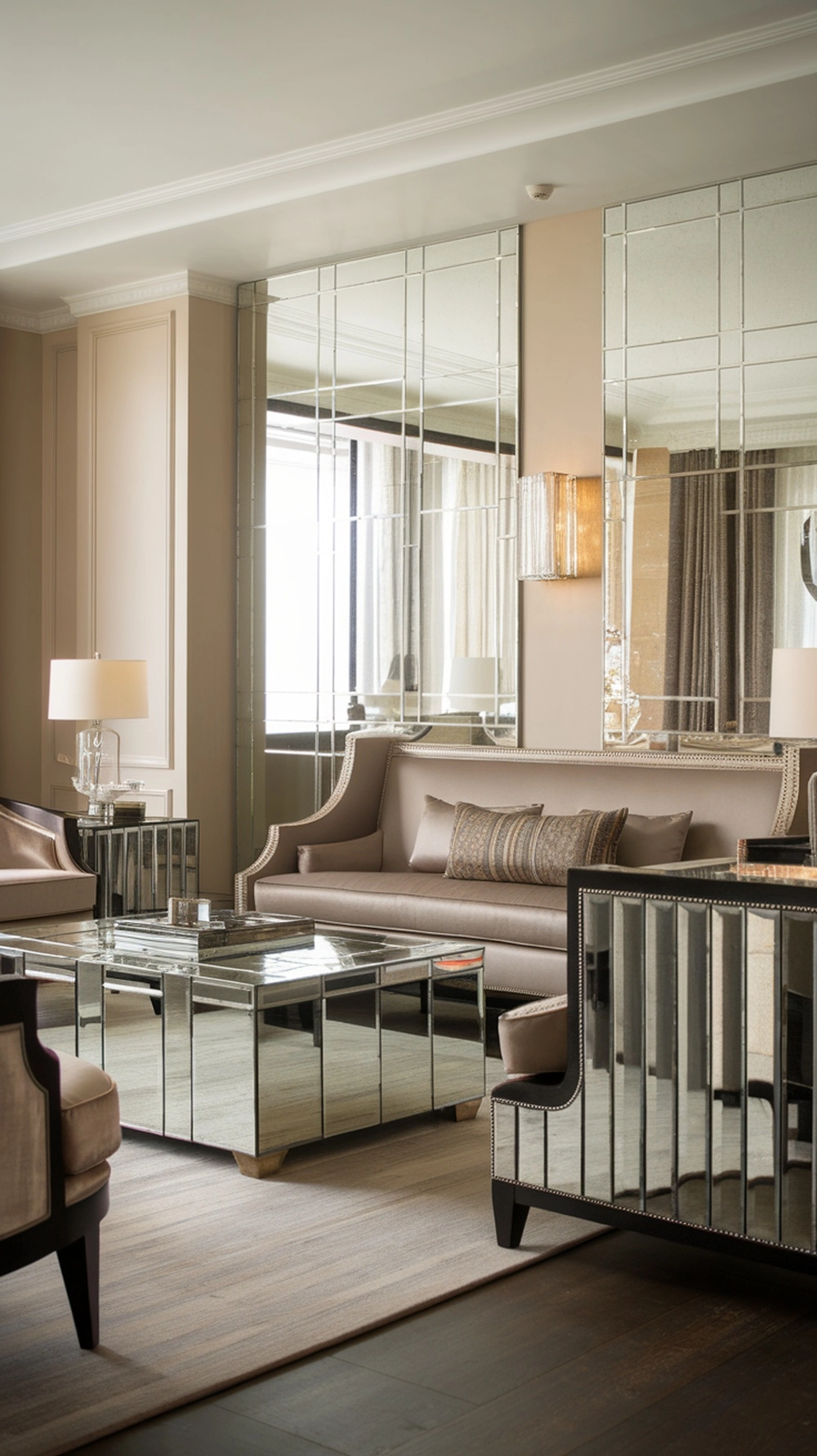 A stylish living room featuring mirrored surfaces and modern art deco decor.