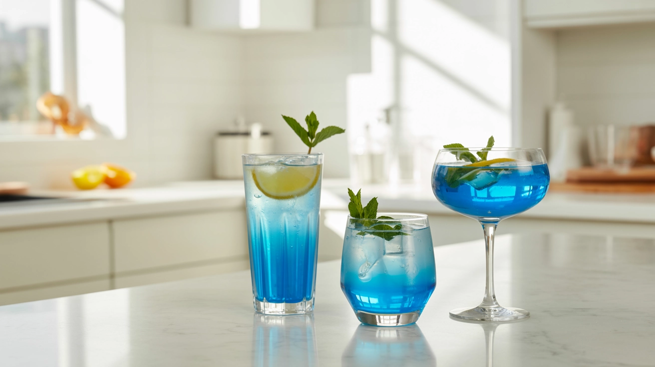 A collection of three different bright blue non-alcoholic drinks from my Easy Blue Mocktail Recipes on a marble countertop.