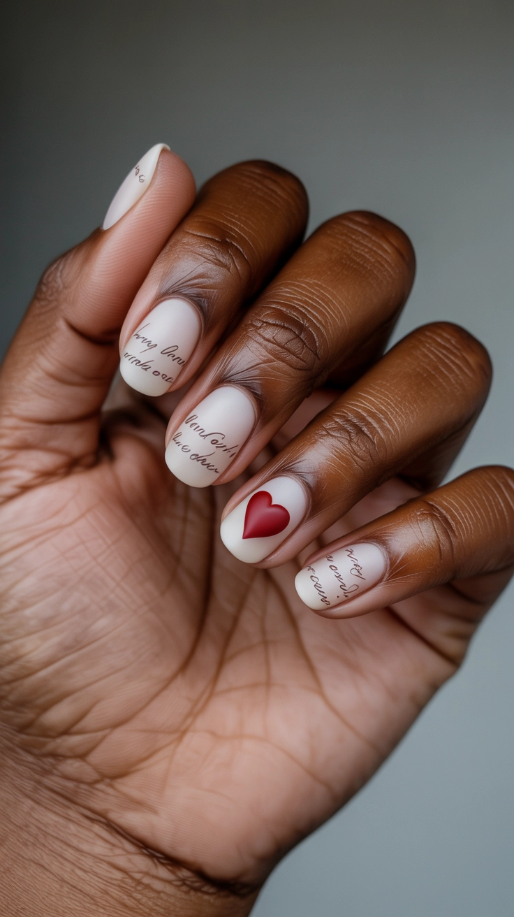 Matte cream nails with vintage script writing and a red heart seal.