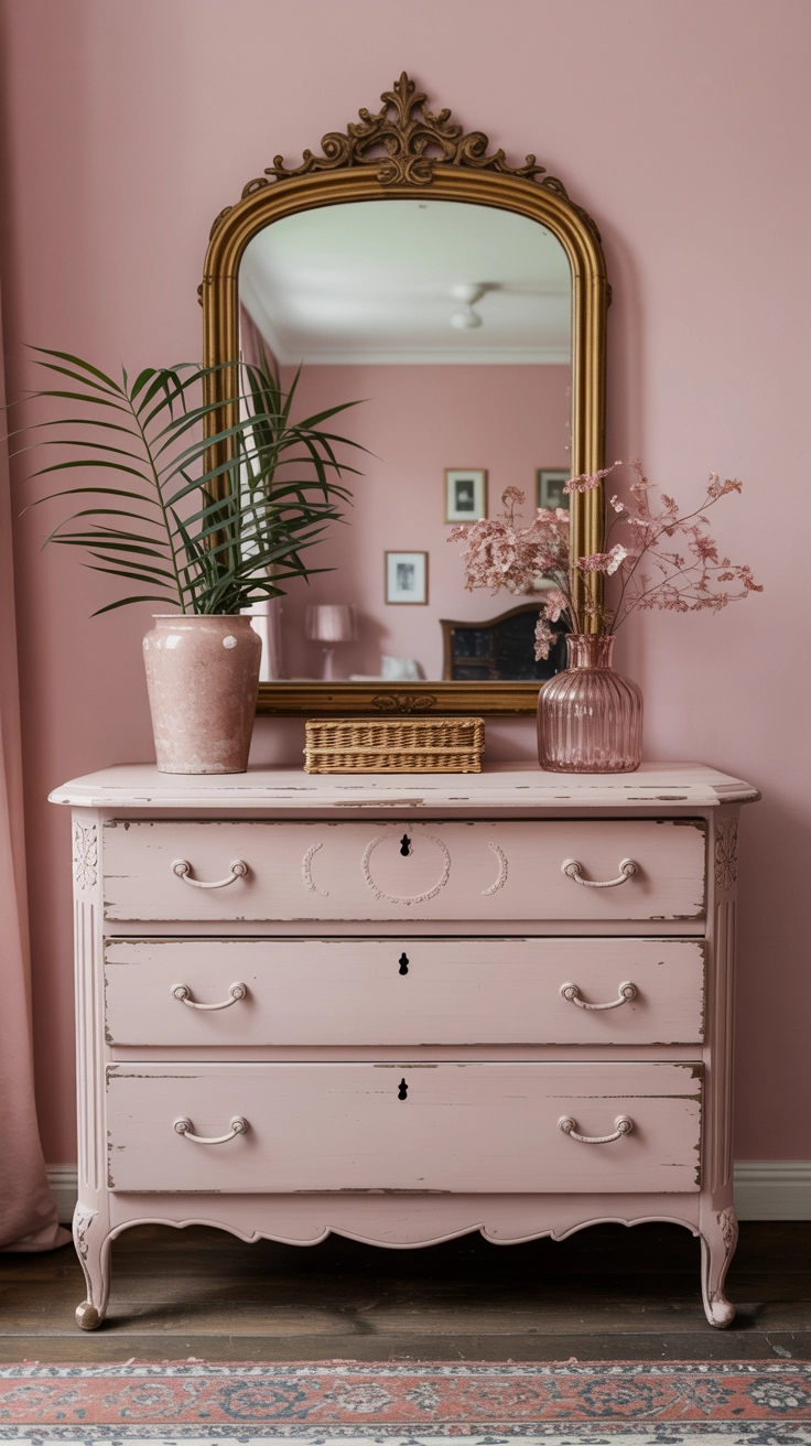 distressed pink vintage dresser with a gold mirror in a bohemian bedroom.