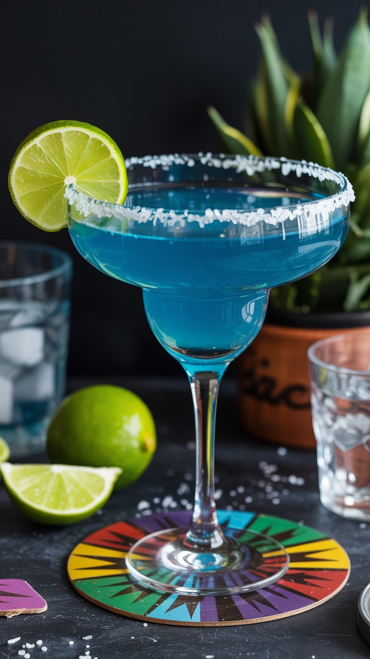 An electric blue margarita mocktail with a salt rim and lime.