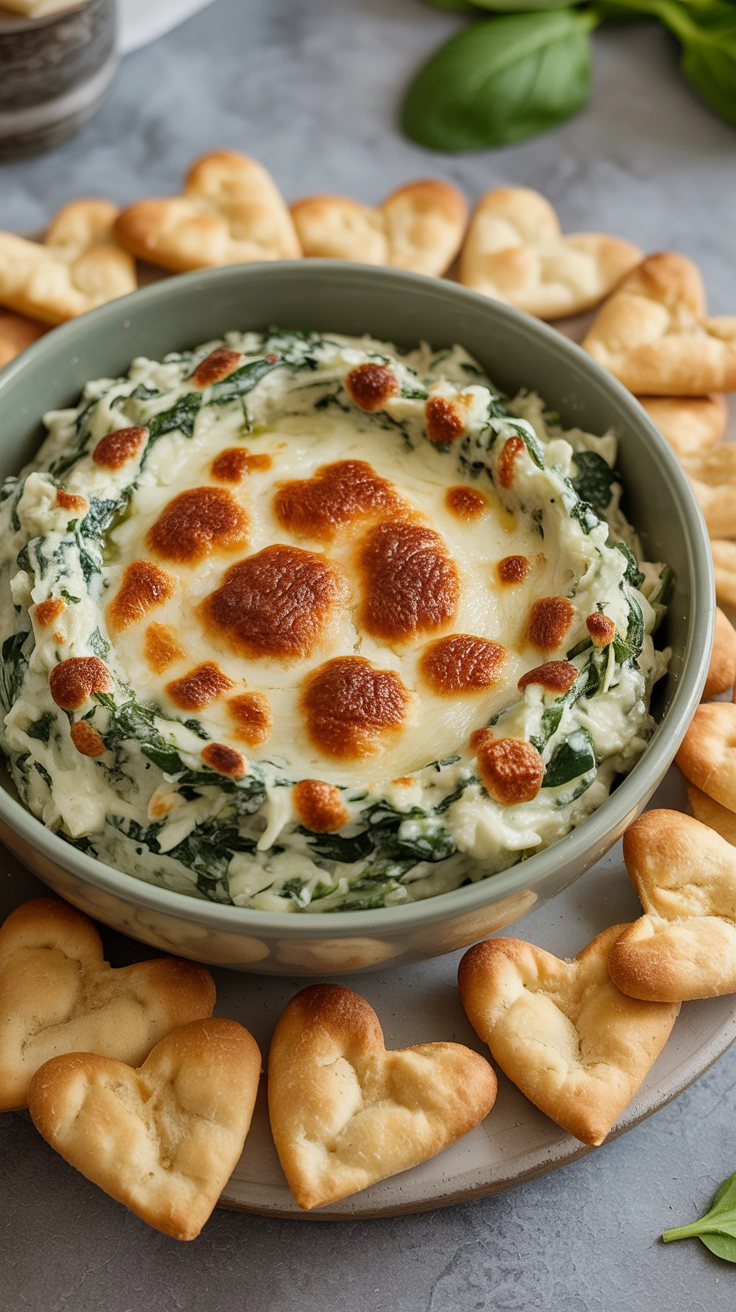 Warm cheesy spinach dip served with heart-shaped bread chips.