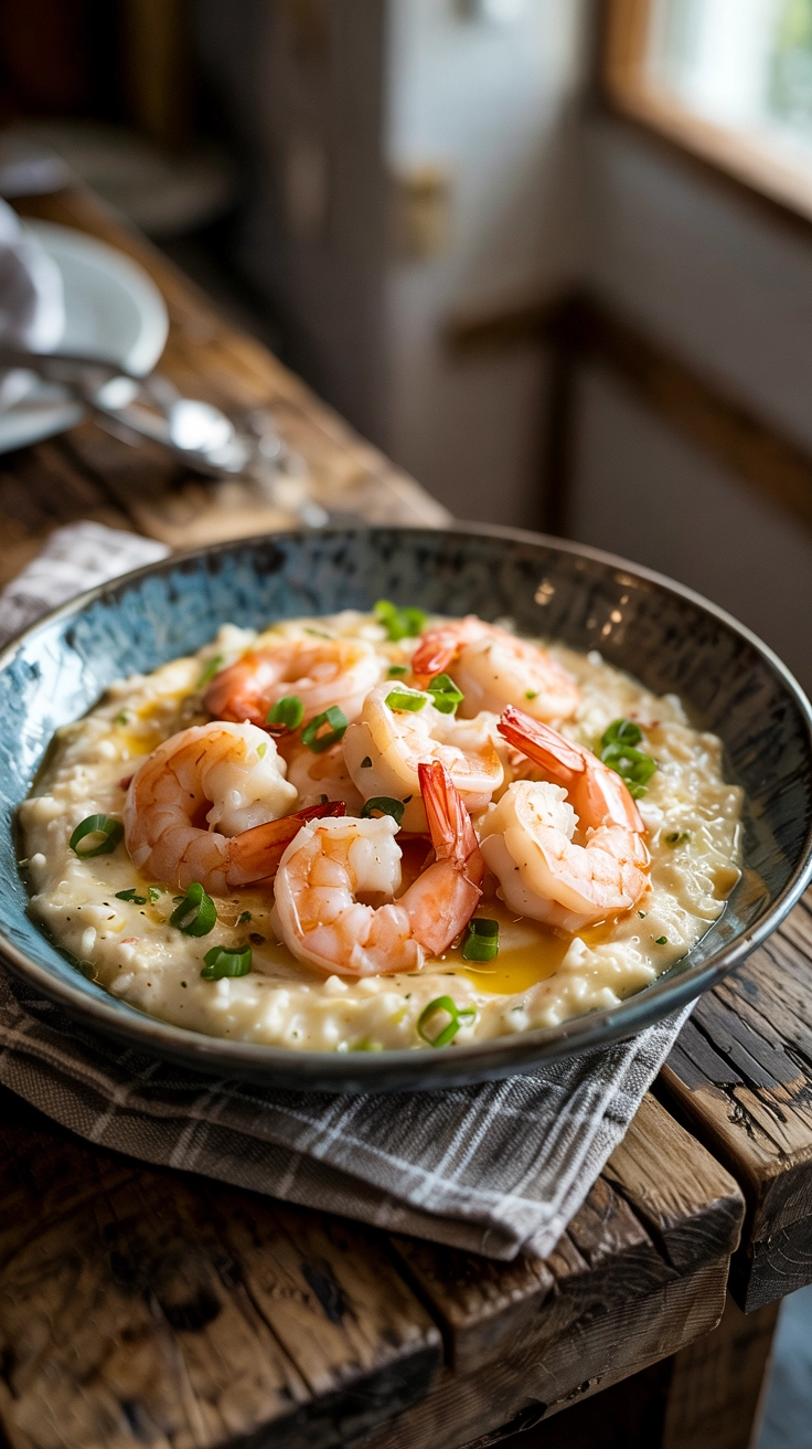 Bowl of shrimp and grits topped with green onions
