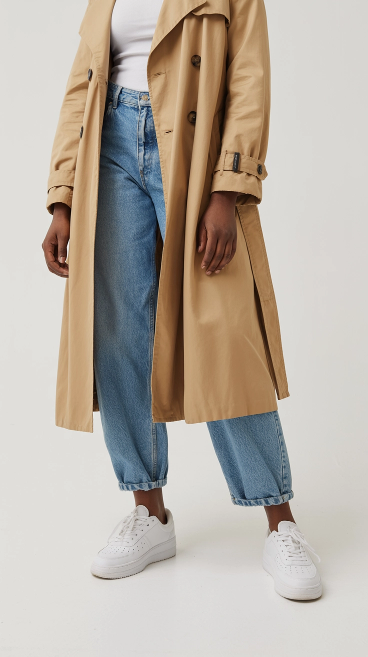 16 Spring Outfit Ideas For Women for Effortless Casual Style 3 A classic spring outfit flatlay with a trench coat and jeans.