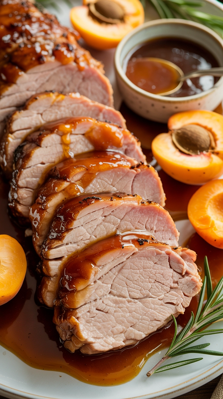 Roasted pork tenderloin with fruit glaze.