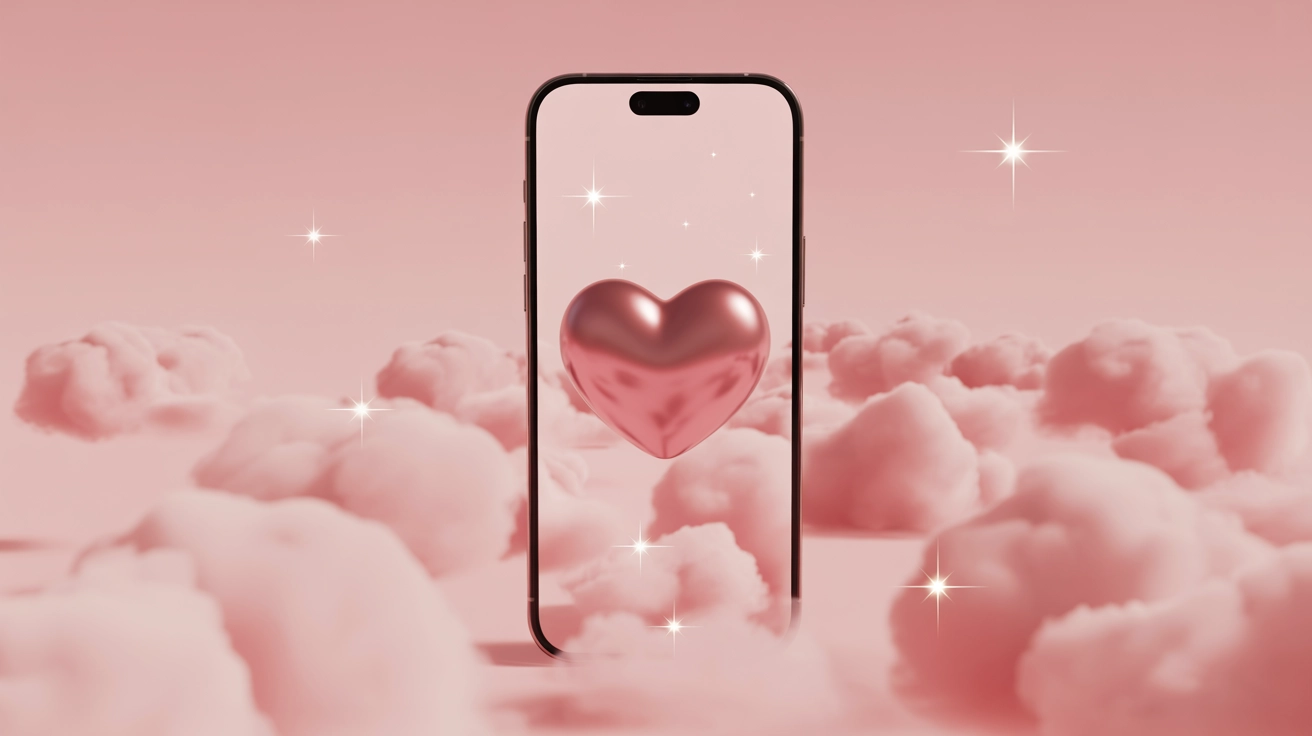 Pink Valentine&rsquo;s Day Wallpapers featuring a 3D pink heart floating among soft pastel pink clouds and tiny sparkling stars.