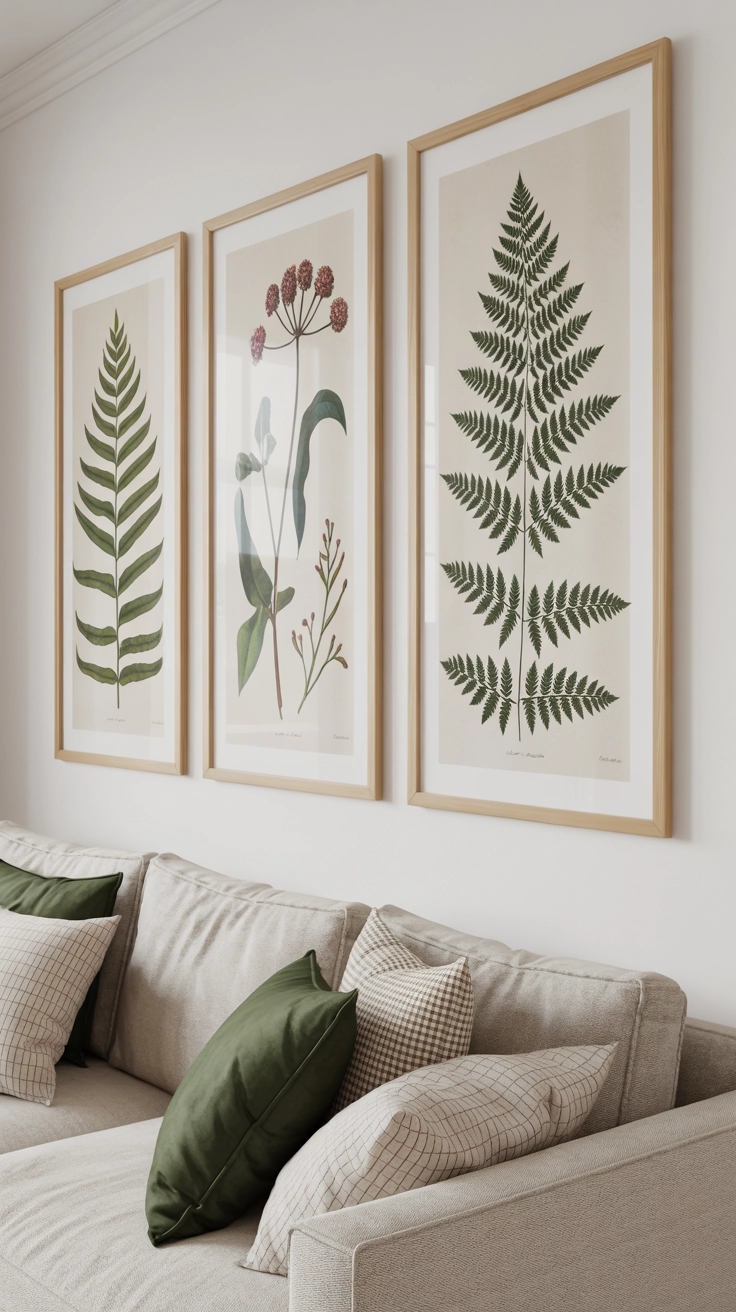 Three framed botanical prints of leaves and flowers hanging on a white wall.