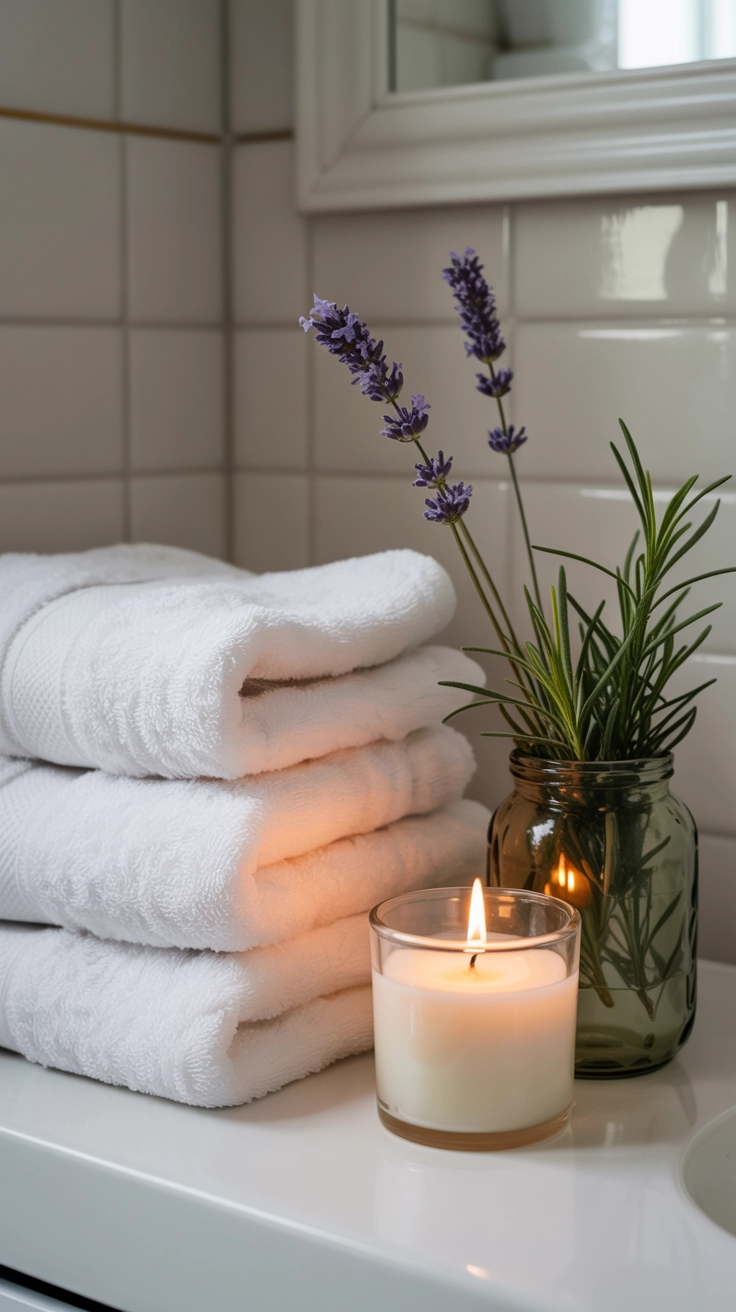 White towels and a lavender sprig on a clean bathroom counter.
