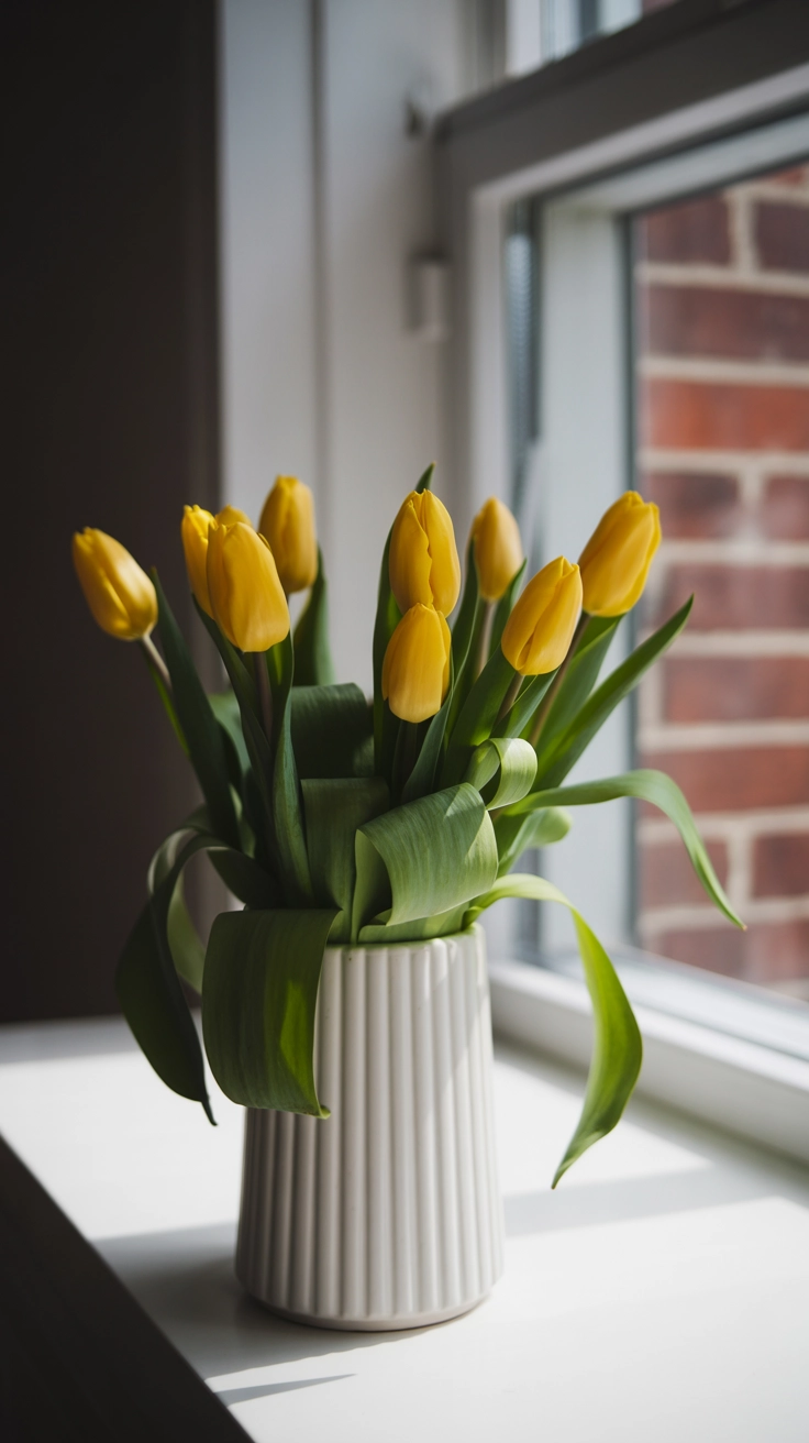 A vase of yellow tulips on a table in front of a sunny window.