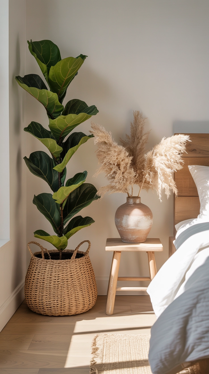 A fiddle leaf fig plant and dried pampas grass in a sunny bedroom corner.