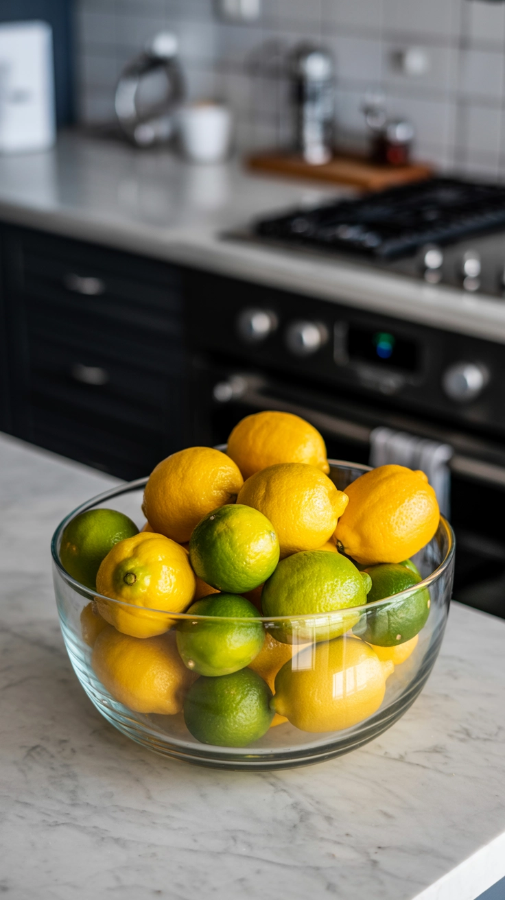 A glass bowl of lemons and limes on a white marble counter.