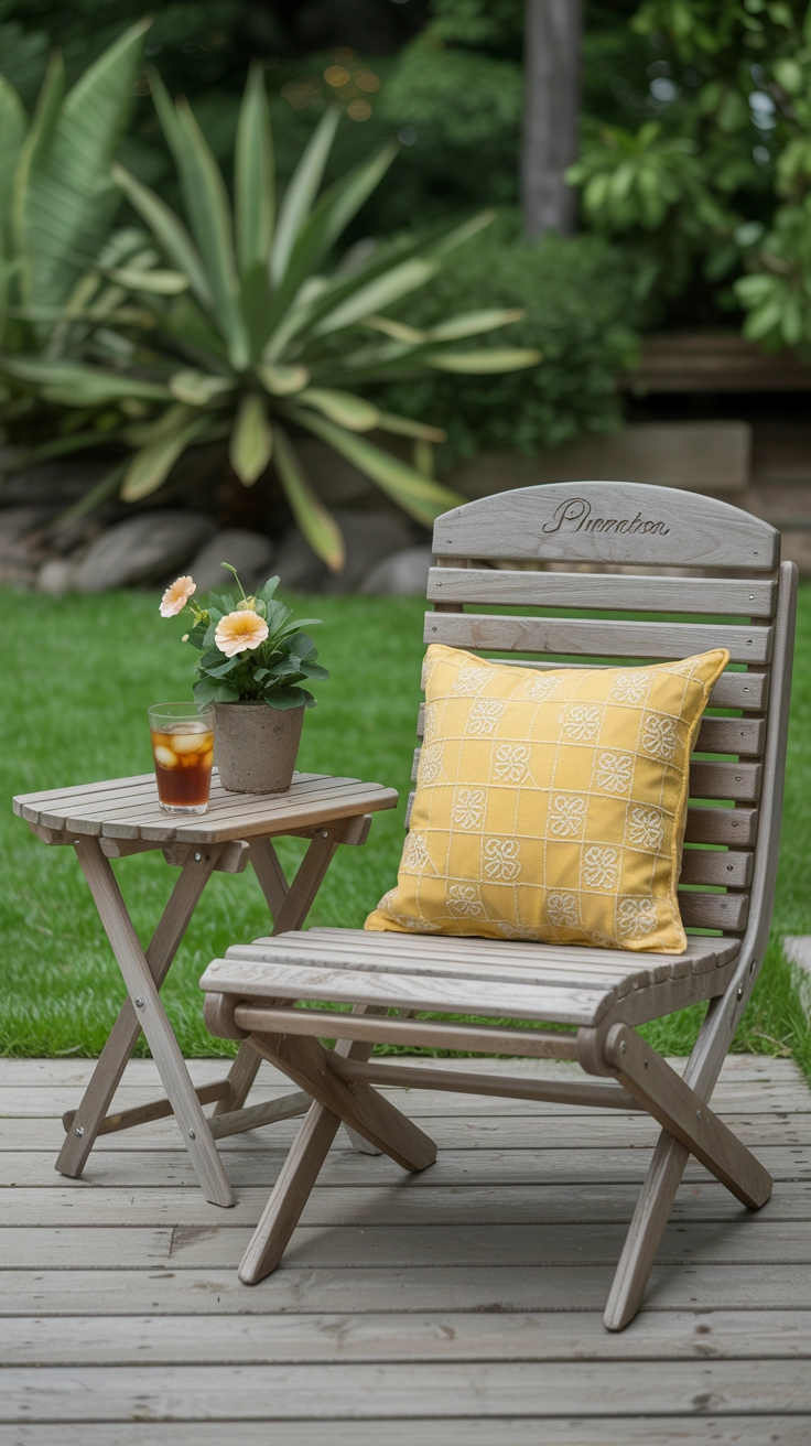 An outdoor chair with a yellow pillow and a side table on a patio.
